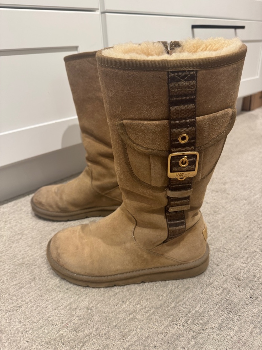 UGG Chestnut/Tan Suede Shearling Cargo Boots with Buckle Detail